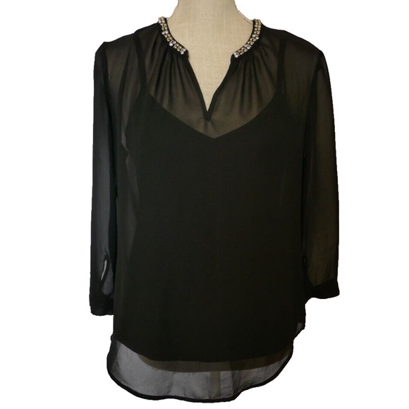 Liz Claiborne 3/4-Sleeve Embellished V- Neck Black Sheer Blouse and slip Size S - Picture 2 of 16
